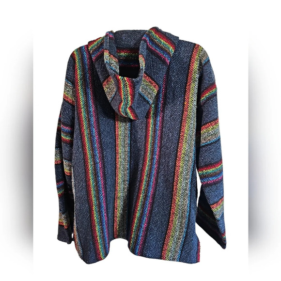 Unbranded M Blue Rainbow Stripe Baja Hoodie Pullover Hippie Grunge Surf Poncho - Picture 6 of 8